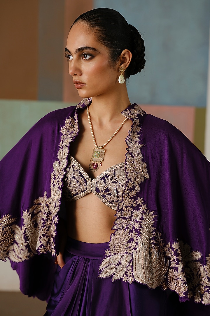 Purple Silk Embroidered Cape Set by Mishru at Pernia's Pop Up Shop
