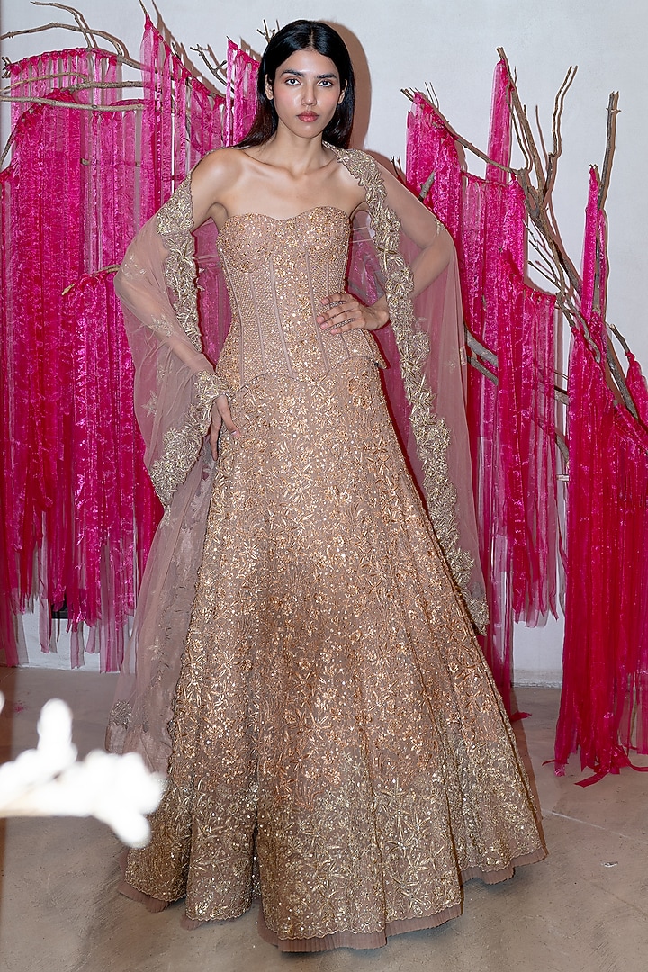 Bronze Tulle Sequins Bridal Lehenga Set by Mishru at Pernia's Pop Up Shop