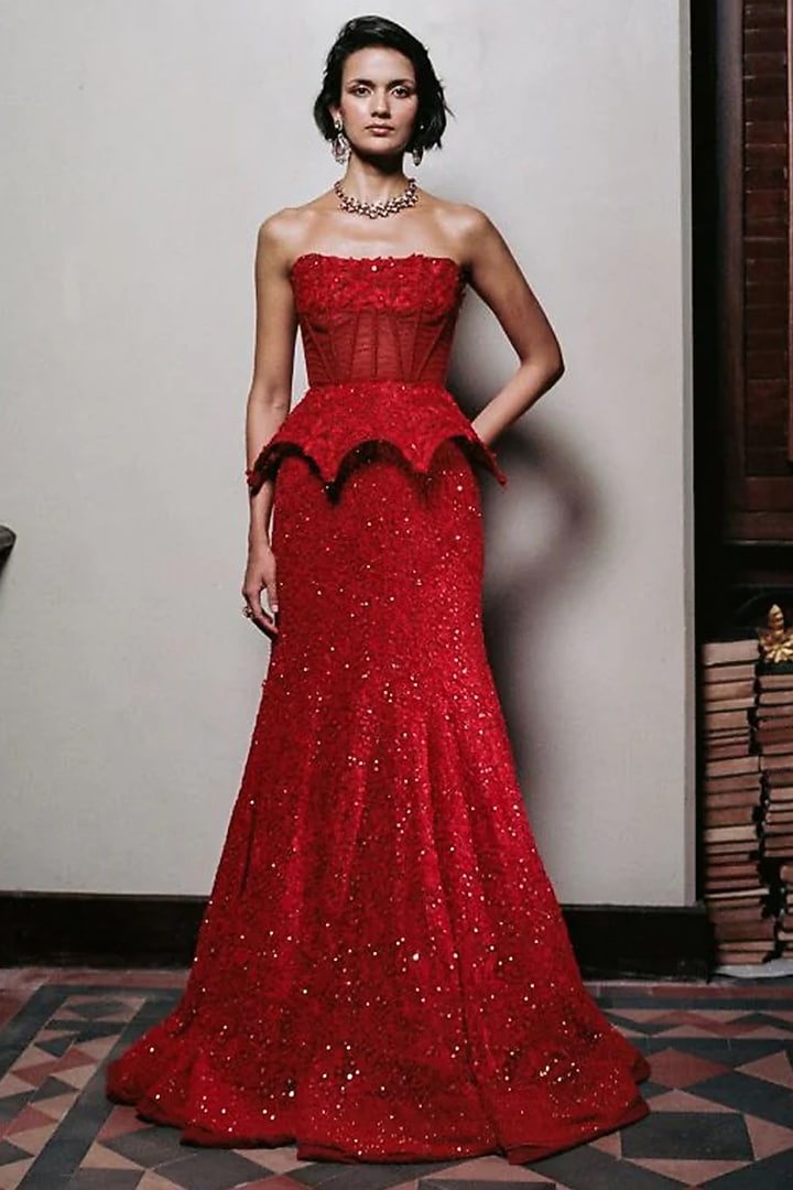 Red Organza Floral Embroidered Bridal Lehenga Set by Mishru at Pernia's Pop Up Shop