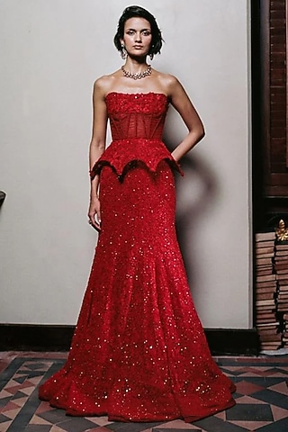 Red Tulle Sequins Embroidered Fish-Cut Skirt Set by Mishru