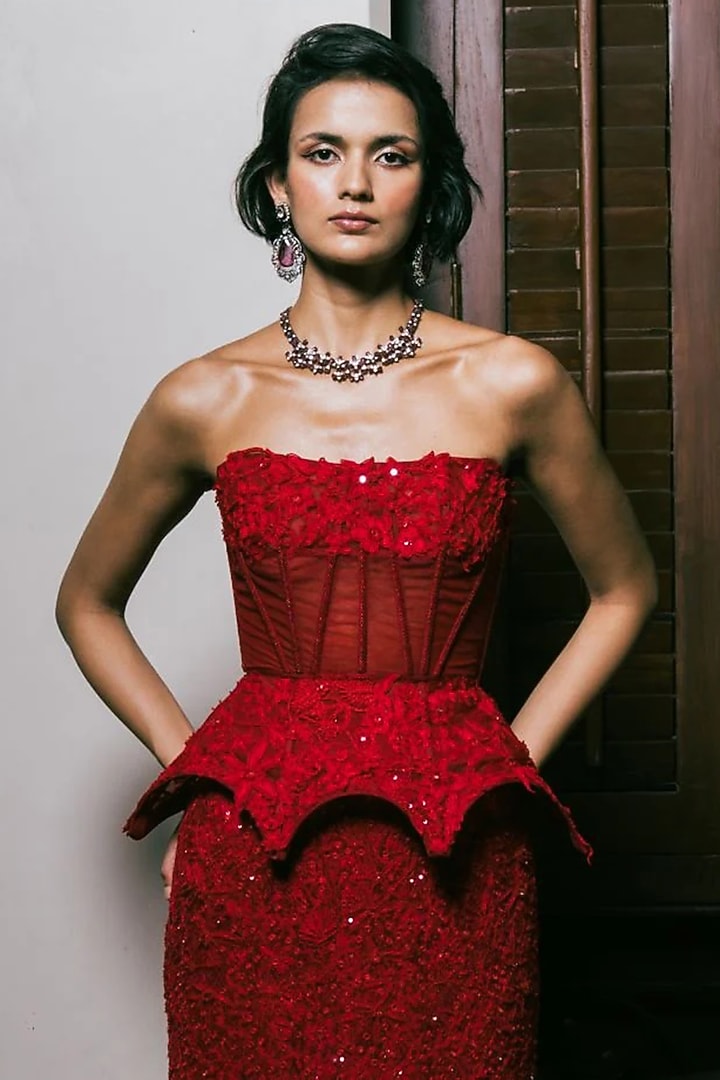 Red Tulle Sequins Embroidered Fish-Cut Skirt Set by Mishru at Pernia's Pop Up Shop