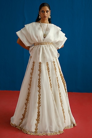 Ivory Organza Embroidered Skirt Set by Mishru