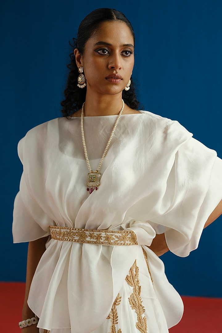 Ivory Organza Embroidered Skirt Set by Mishru at Pernia's Pop Up Shop