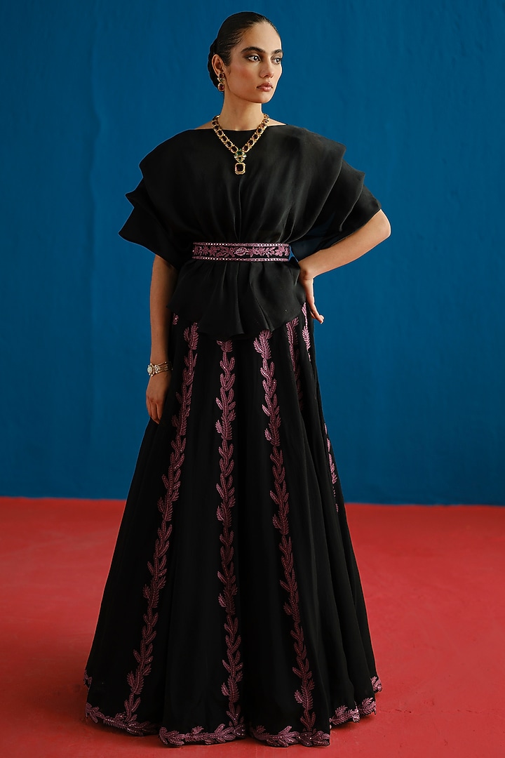 Black Organza Embroidered Skirt Set by Mishru at Pernia's Pop Up Shop