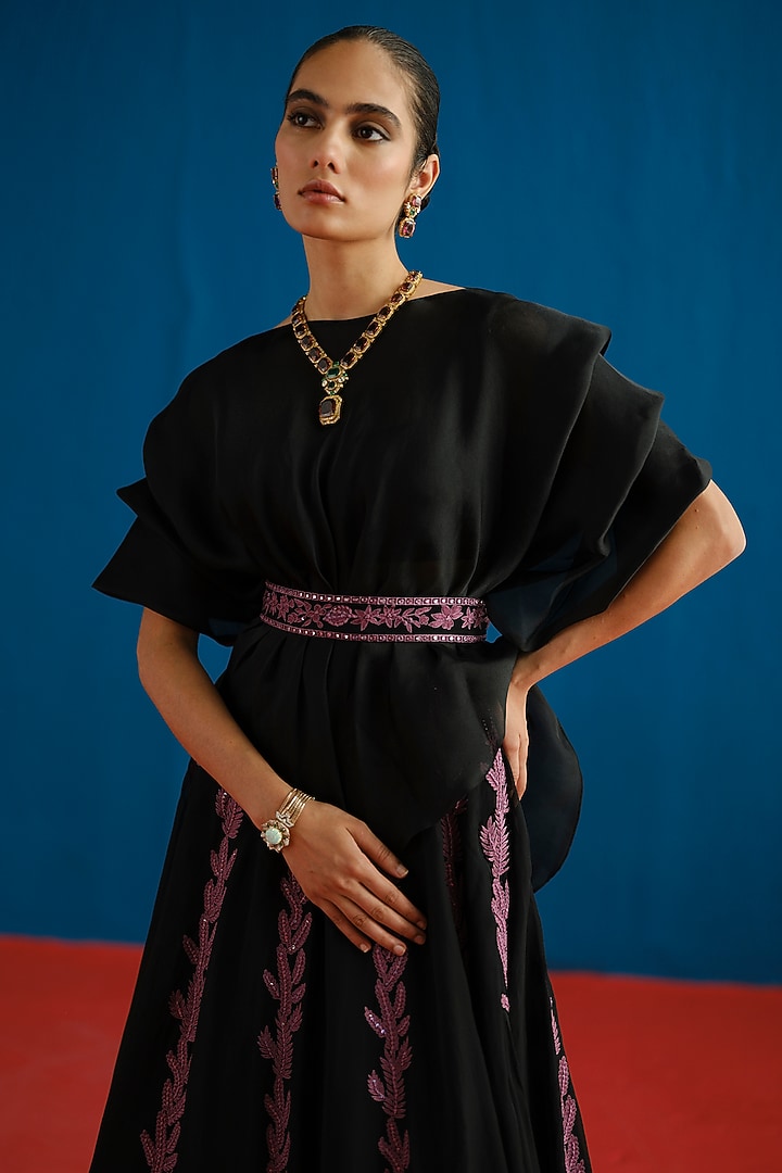 Black Organza Embroidered Skirt Set by Mishru at Pernia's Pop Up Shop