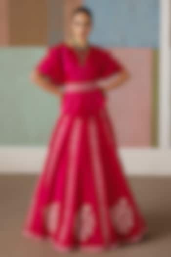 Fuchsia Organza Embroidered Skirt Set by Mishru at Pernia's Pop Up Shop