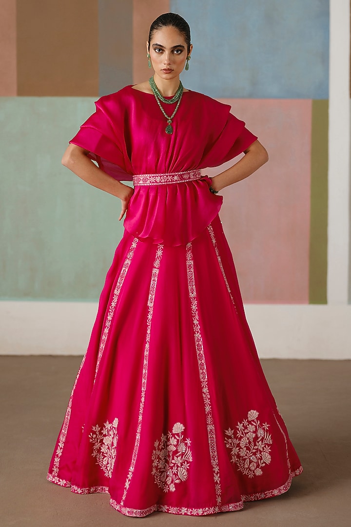 Fuchsia Organza Embroidered Skirt Set by Mishru at Pernia's Pop Up Shop