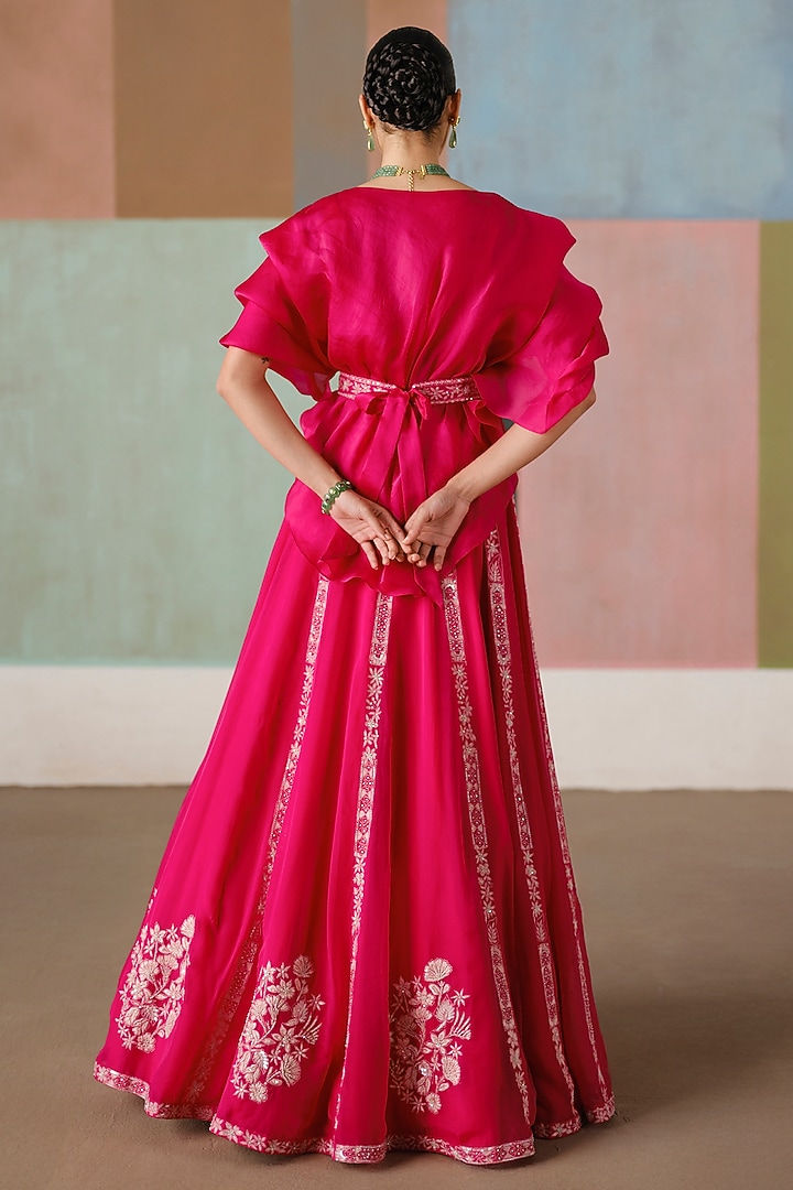 Fuchsia Organza Embroidered Skirt Set by Mishru at Pernia's Pop Up Shop