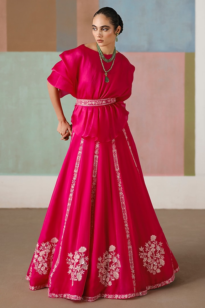 Fuchsia Organza Embroidered Skirt Set by Mishru at Pernia's Pop Up Shop