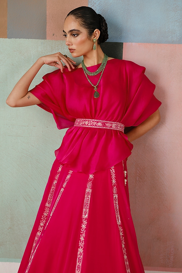 Fuchsia Organza Embroidered Skirt Set by Mishru at Pernia's Pop Up Shop