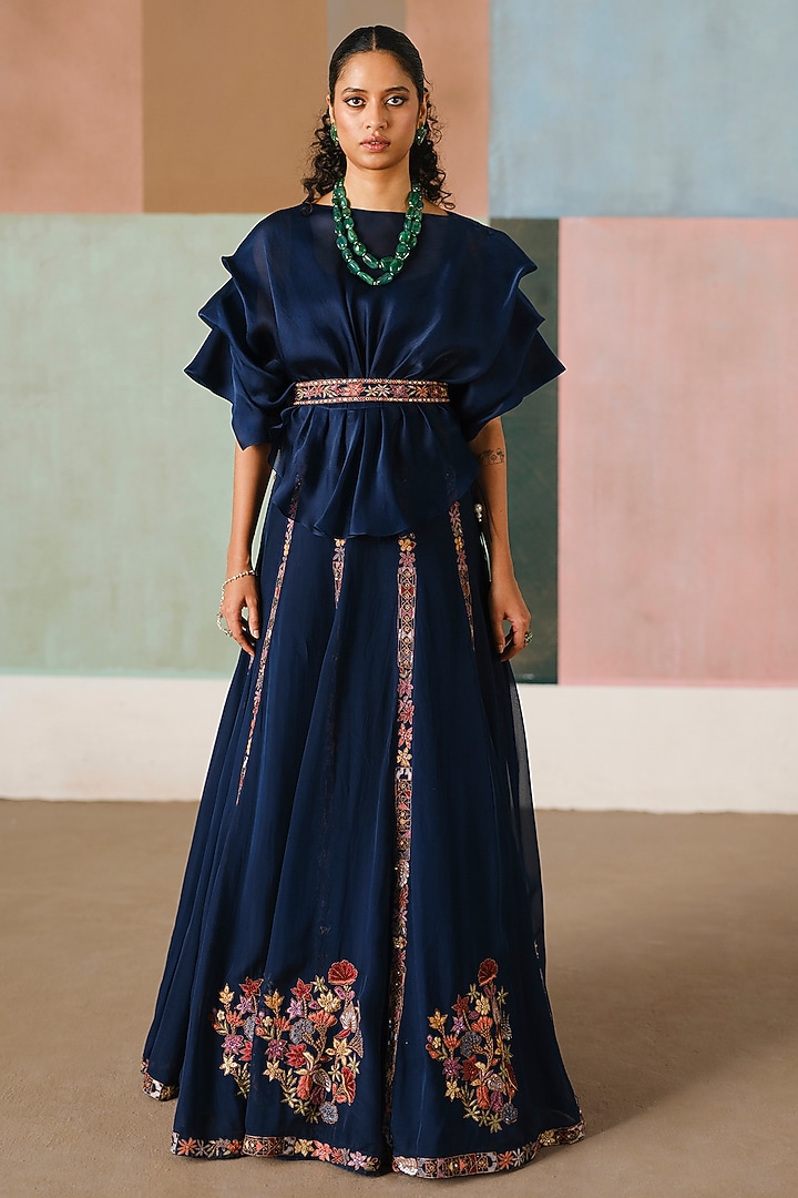 Navy Blue Organza Embroidered Skirt Set by Mishru at Pernia's Pop Up Shop