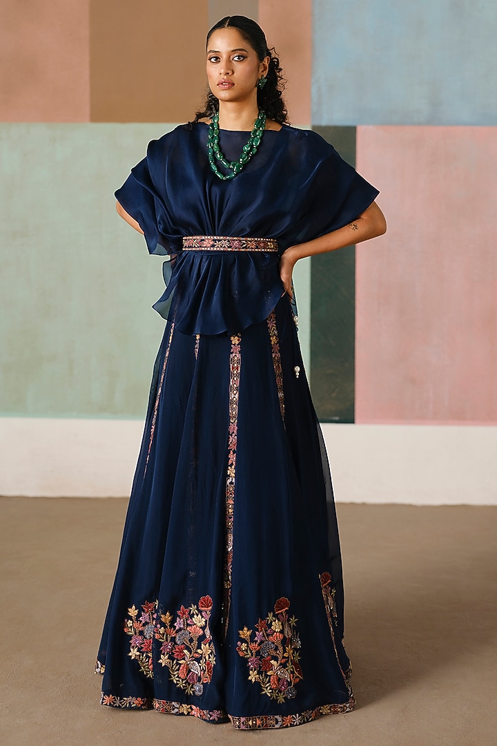 Navy Blue Organza Embroidered Skirt Set by Mishru at Pernia's Pop Up Shop