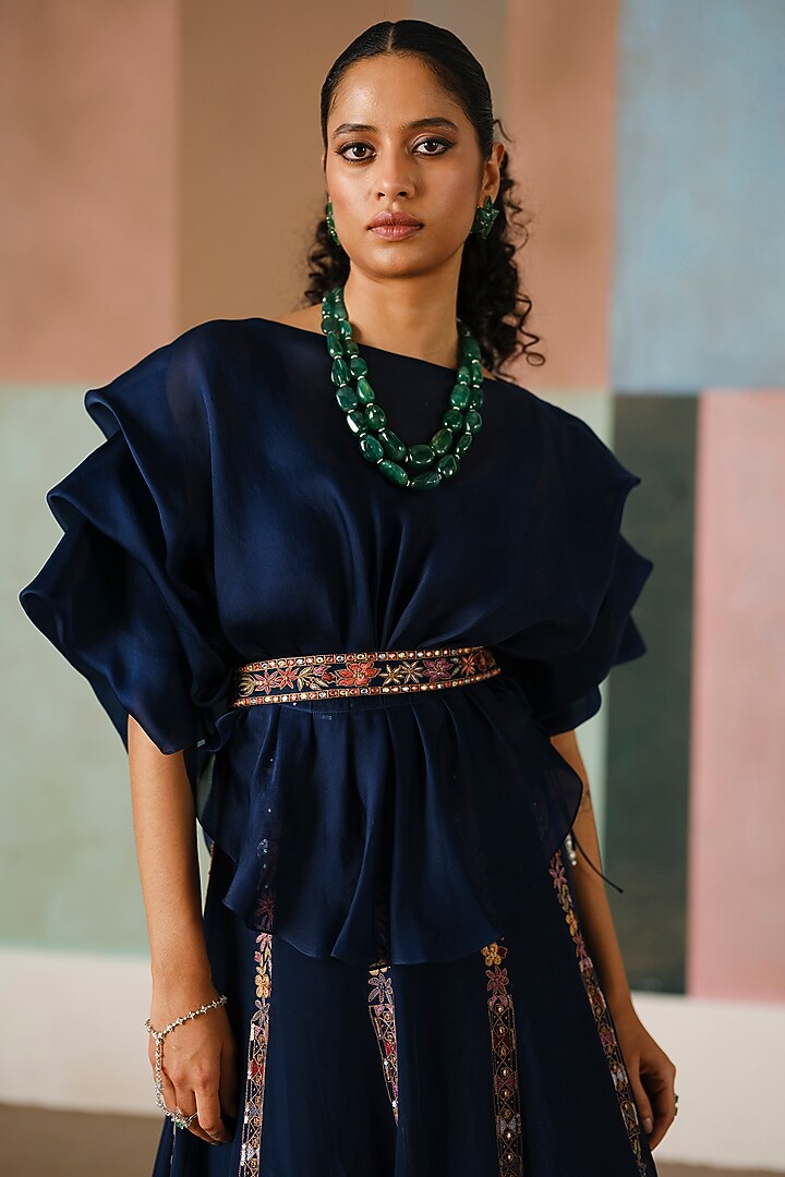 Navy Blue Organza Embroidered Skirt Set by Mishru at Pernia's Pop Up Shop