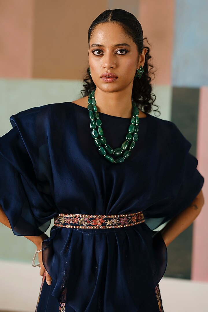 Navy Blue Organza Embroidered Skirt Set by Mishru at Pernia's Pop Up Shop