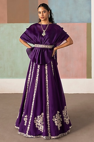 Purple Organza Embroidered Skirt Set by Mishru
