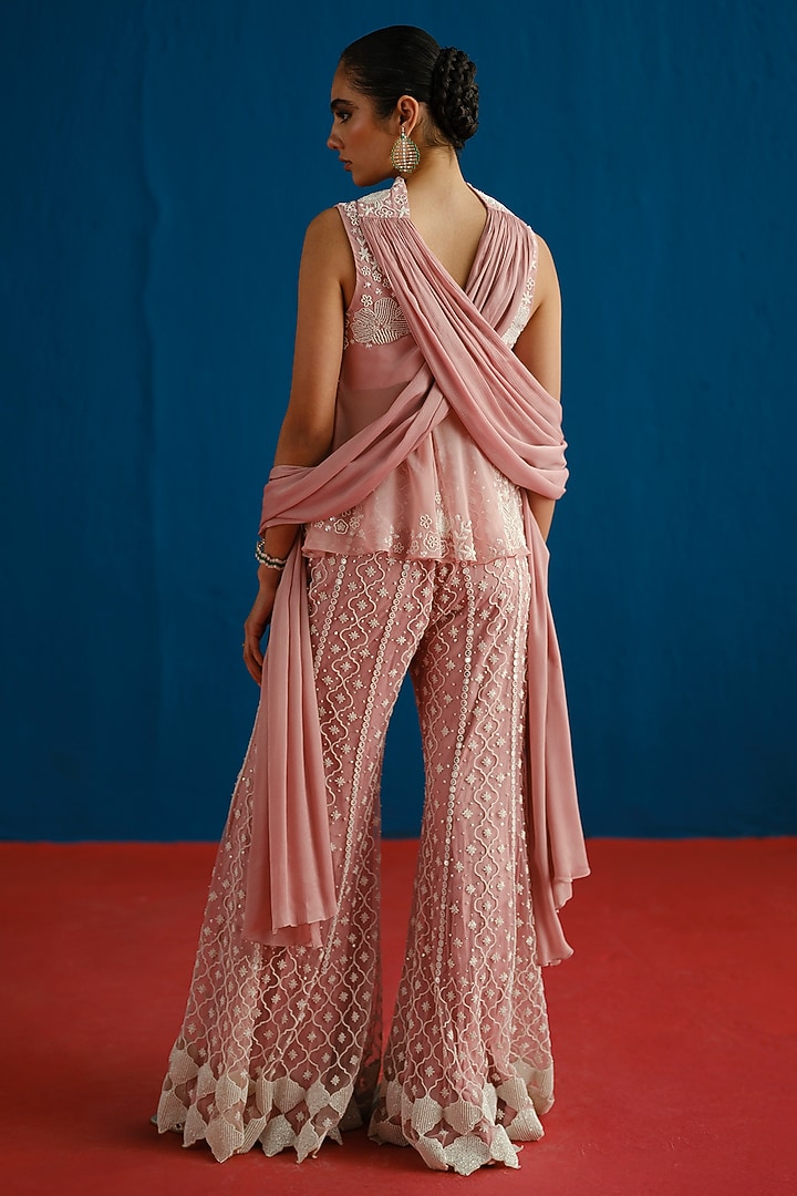 Muted Pink Tulle Embroidered Bridal Sharara Set by Mishru at Pernia's Pop Up Shop
