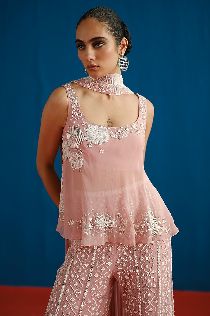 Muted Pink Tulle Embroidered Bridal Sharara Set by Mishru at Pernia's Pop Up Shop