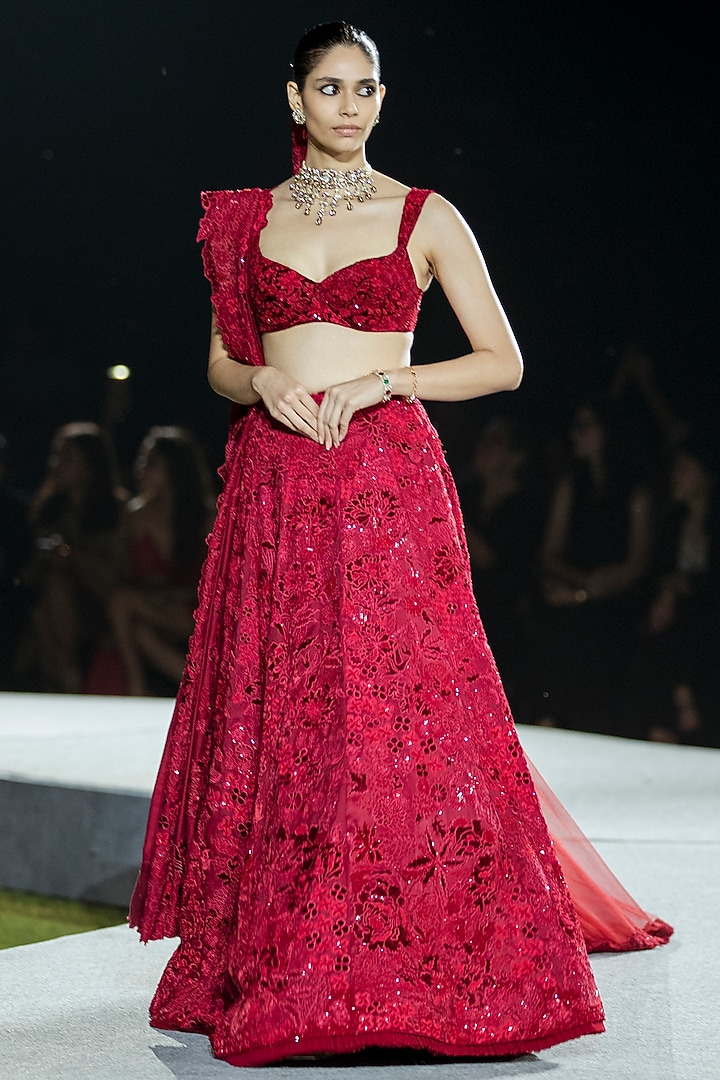 Red Organza Bridal Lehenga Set by Mishru at Pernia's Pop Up Shop