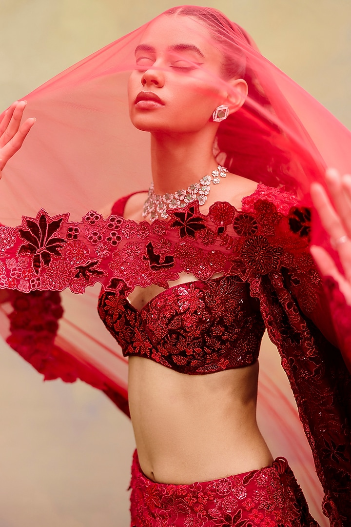 Red Organza & Tulle Cluster Bridal Lehenga Set by Mishru at Pernia's Pop Up Shop