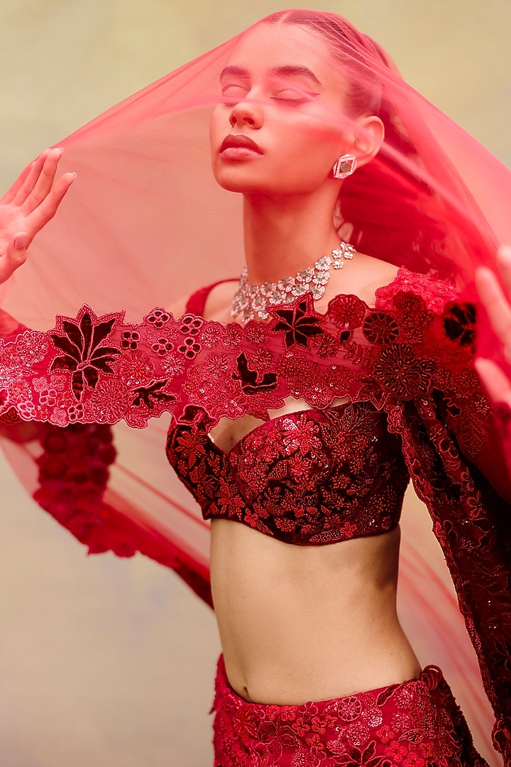 Red Organza & Tulle Cluster Bridal Lehenga Set by Mishru at Pernia's Pop Up Shop