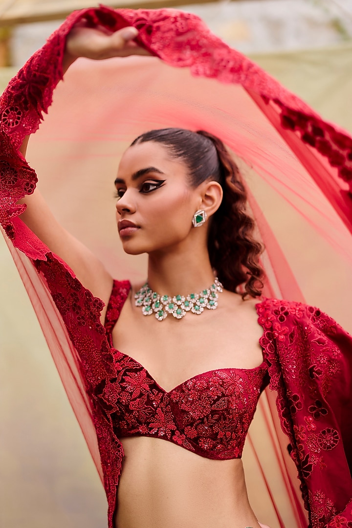 Red Organza & Tulle Cluster Bridal Lehenga Set by Mishru at Pernia's Pop Up Shop