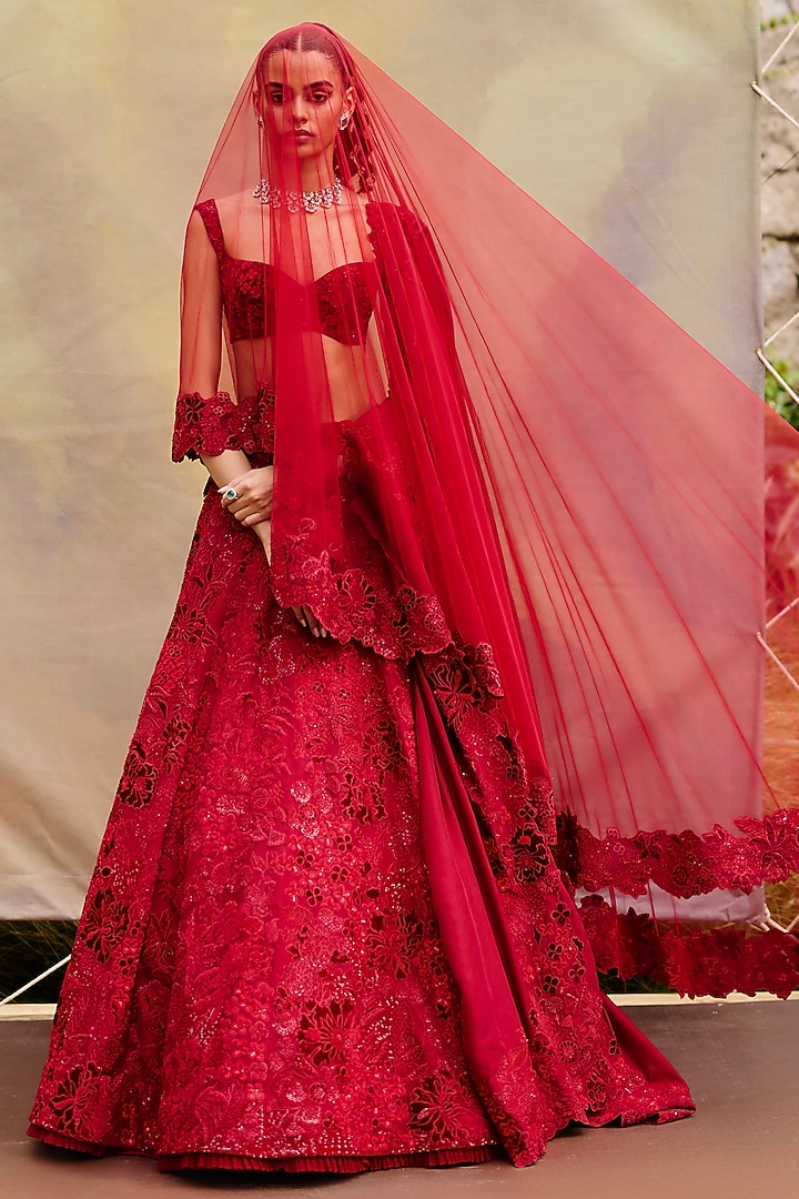 Red Organza & Tulle Cluster Bridal Lehenga Set by Mishru at Pernia's Pop Up Shop