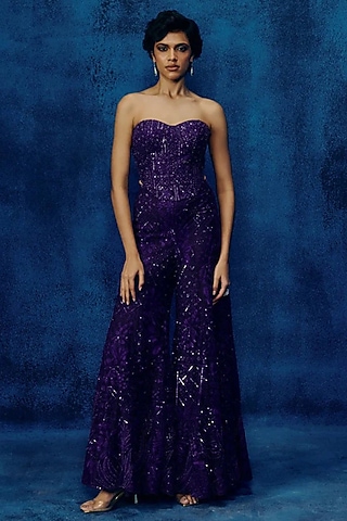 Purple Tulle Embroidered Pant Set by Mishru