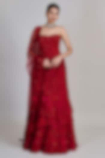 Red Tulle Fish-Cut Layered Bridal Lehenga Set by Mishru at Pernia's Pop Up Shop