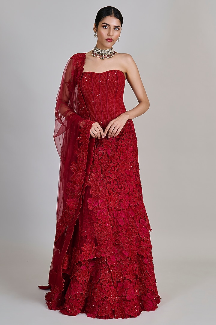 Red Tulle Fish-Cut Layered Bridal Lehenga Set by Mishru at Pernia's Pop Up Shop