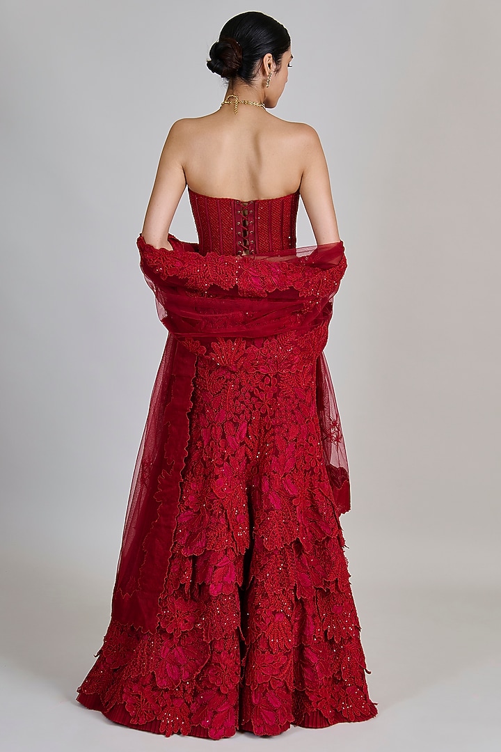 Red Tulle Fish-Cut Layered Bridal Lehenga Set by Mishru at Pernia's Pop Up Shop