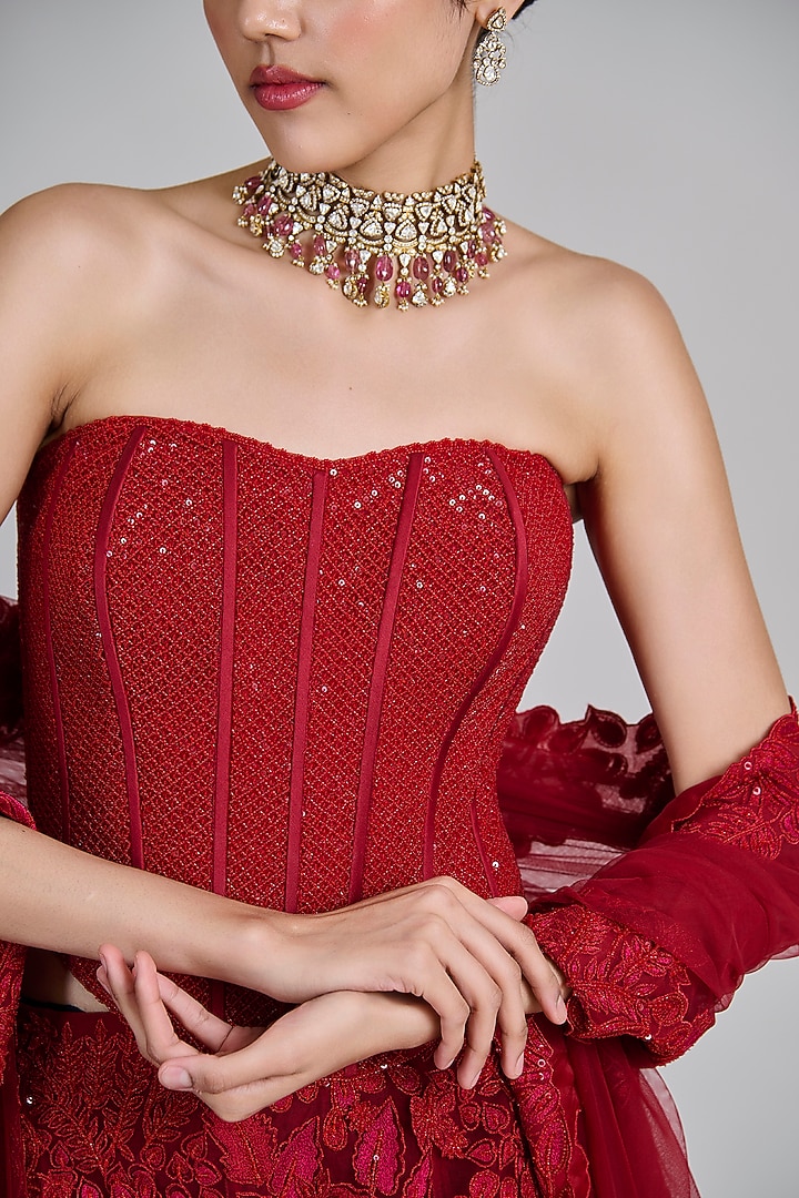 Red Tulle Fish-Cut Layered Bridal Lehenga Set by Mishru at Pernia's Pop Up Shop