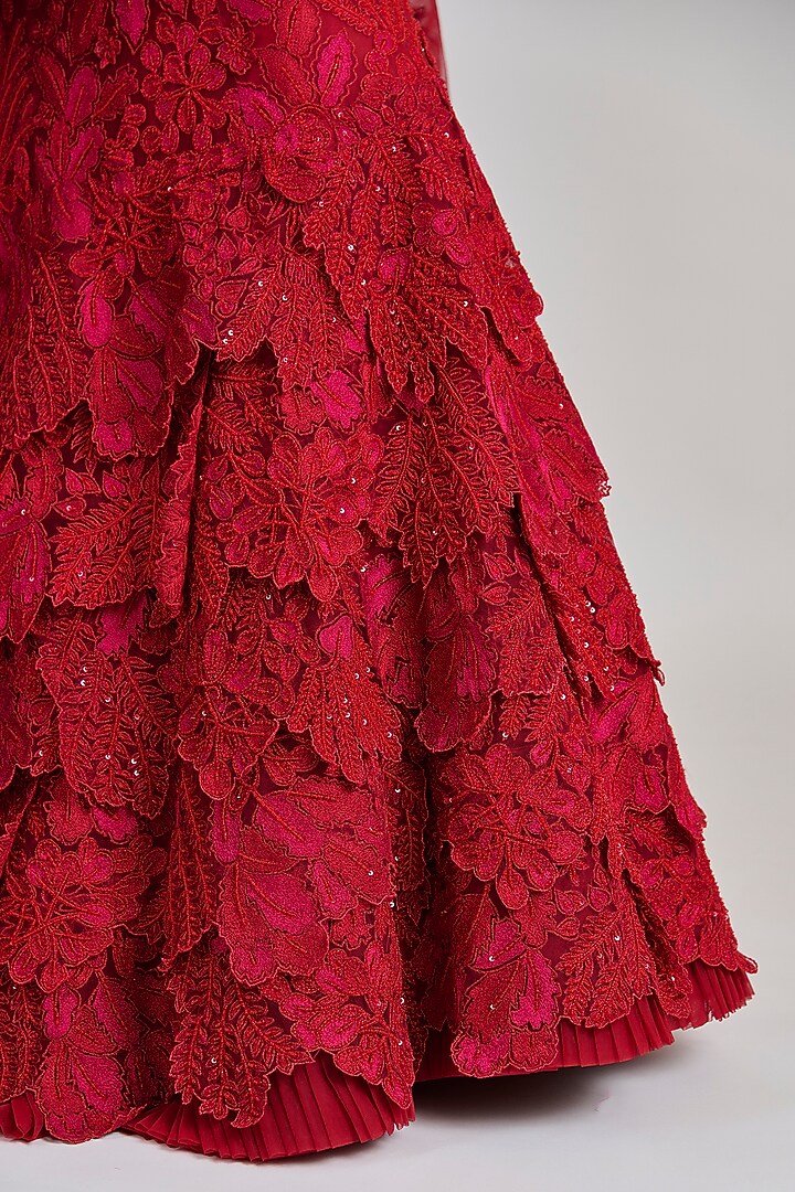 Red Tulle Fish-Cut Layered Bridal Lehenga Set by Mishru at Pernia's Pop Up Shop