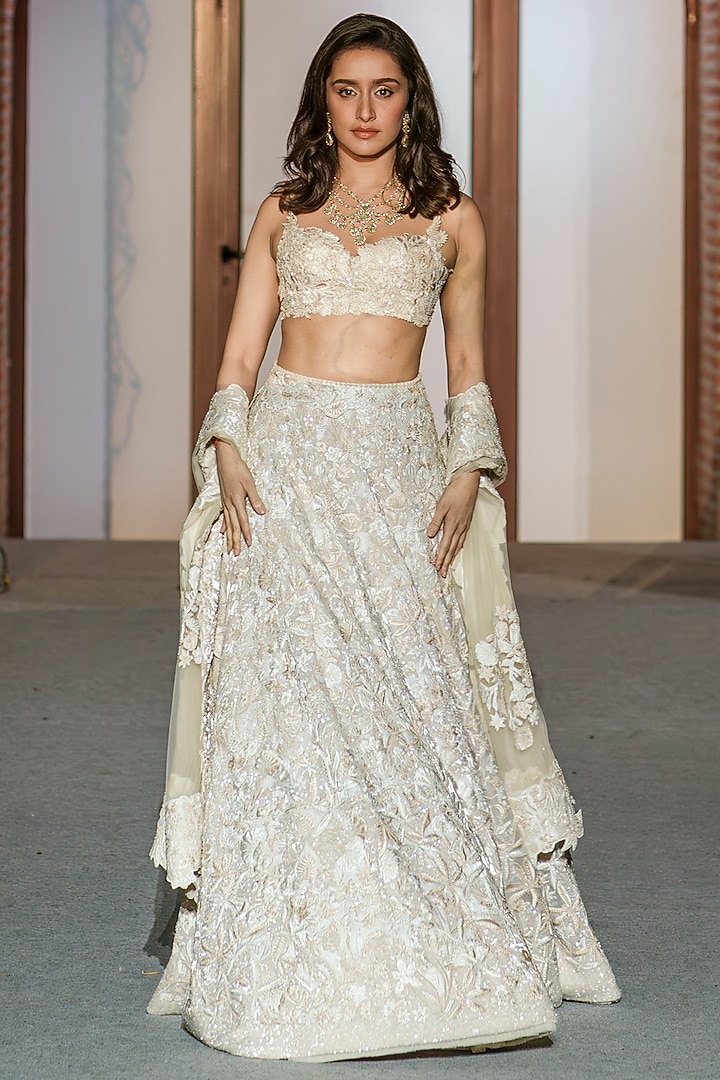 Ivory Organza Sequins Work Bridal Lehenga Set by Mishru at Pernia's Pop Up Shop