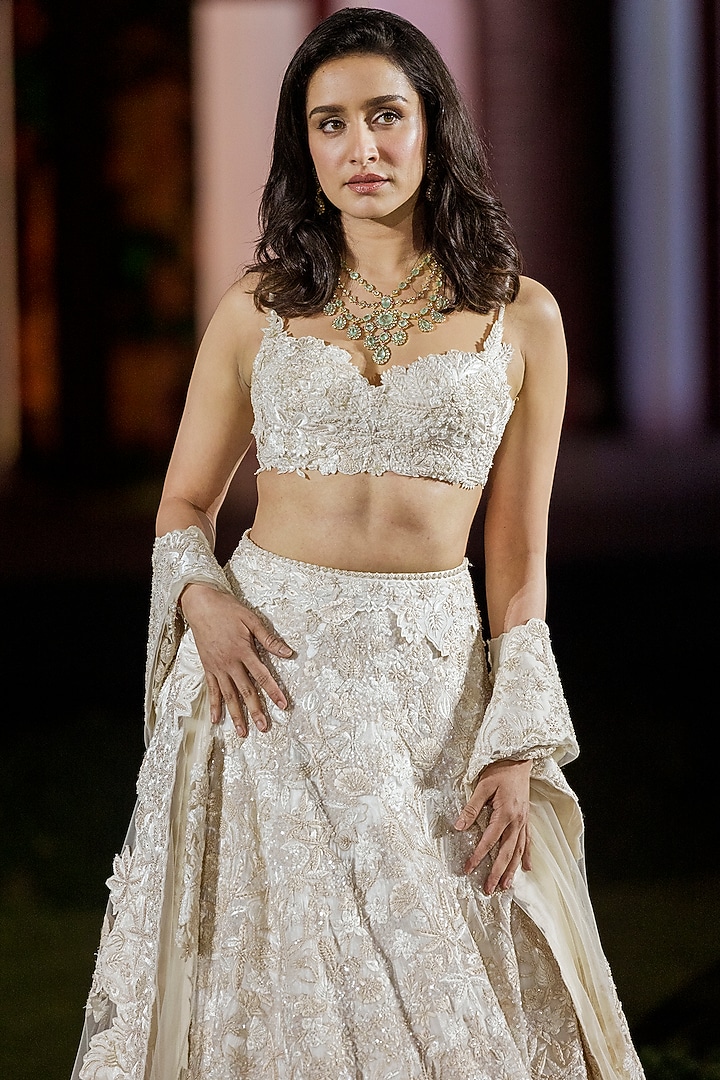 Ivory Organza Sequins Work Bridal Lehenga Set by Mishru at Pernia's Pop Up Shop