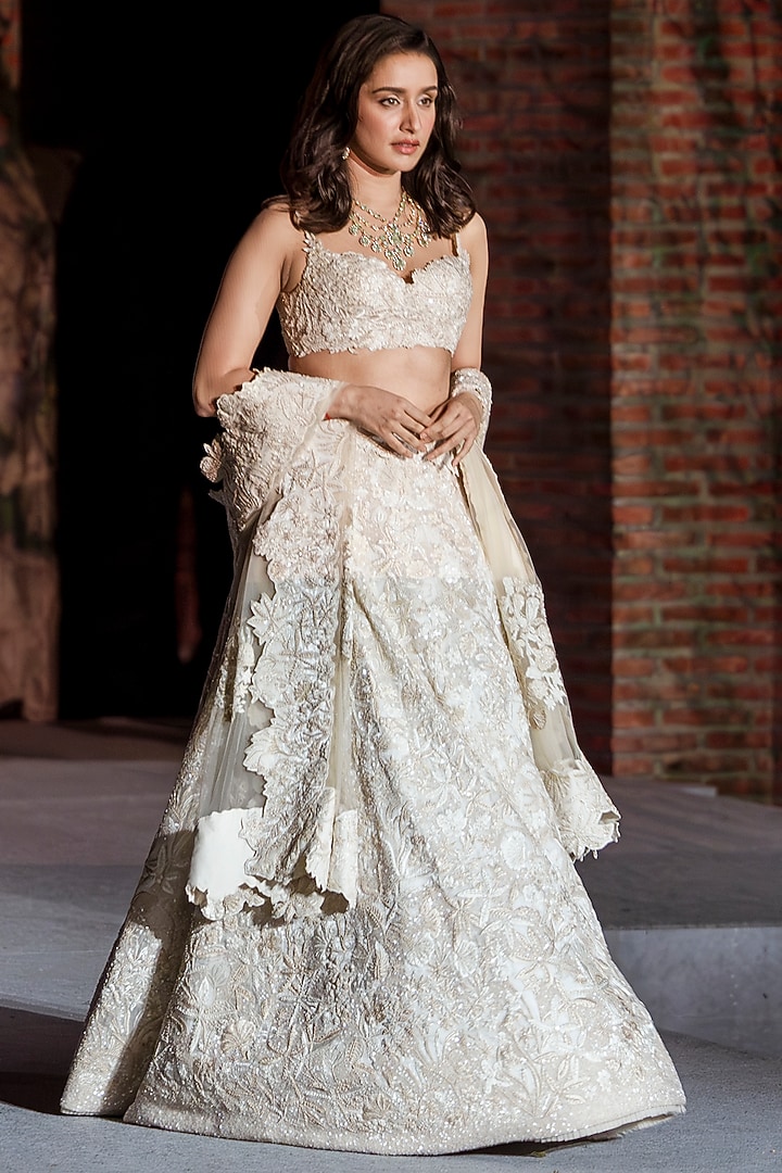 Ivory Organza Sequins Work Bridal Lehenga Set by Mishru at Pernia's Pop Up Shop
