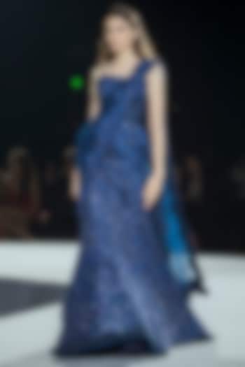 Navy Blue Sequins & Tulle Floral Bridal Lehenga Set by Mishru at Pernia's Pop Up Shop