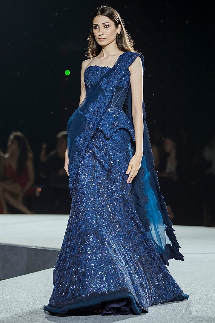 Navy Blue Sequins & Tulle Floral Bridal Lehenga Set by Mishru at Pernia's Pop Up Shop