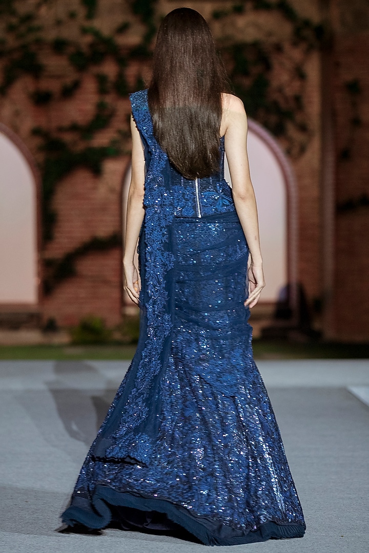 Navy Blue Sequins & Tulle Floral Bridal Lehenga Set by Mishru at Pernia's Pop Up Shop