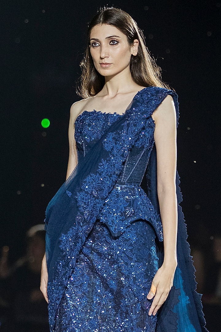 Navy Blue Sequins & Tulle Floral Bridal Lehenga Set by Mishru at Pernia's Pop Up Shop