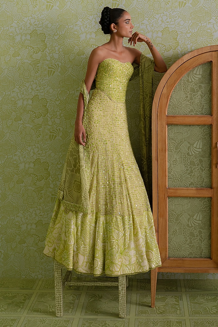 Green Organza Skirt Set by Mishru at Pernia's Pop Up Shop
