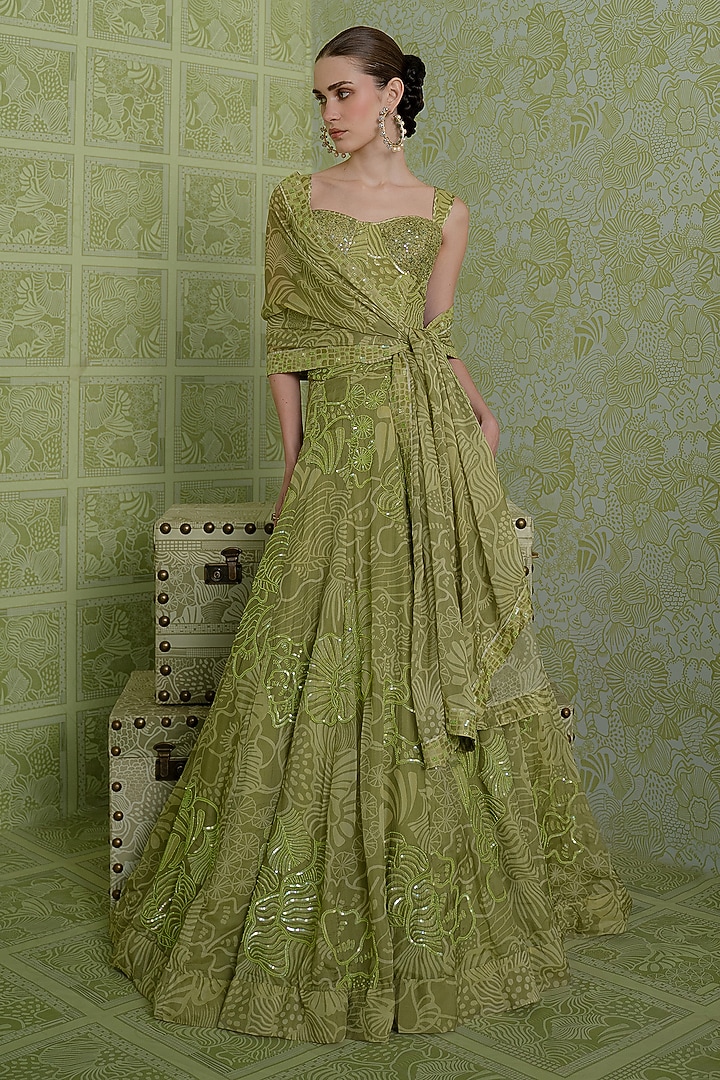 Green Organza Bridal Lehenga Set by Mishru at Pernia's Pop Up Shop