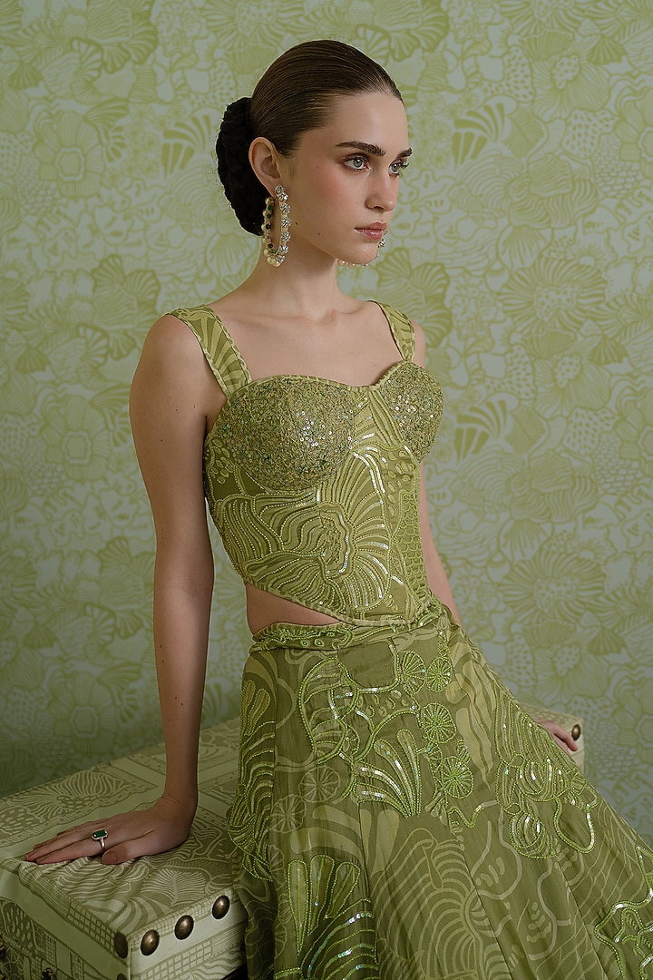 Green Organza Bridal Lehenga Set by Mishru at Pernia's Pop Up Shop