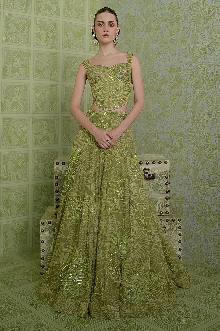 Green Organza Bridal Lehenga Set by Mishru at Pernia's Pop Up Shop