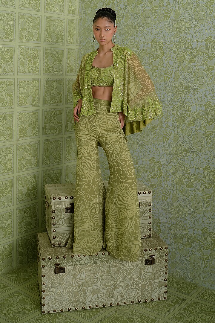 Green Georgette Embroidered Cape Set by Mishru at Pernia's Pop Up Shop