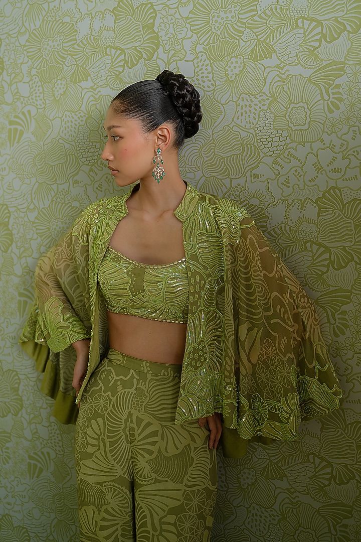 Green Georgette Embroidered Cape Set by Mishru at Pernia's Pop Up Shop