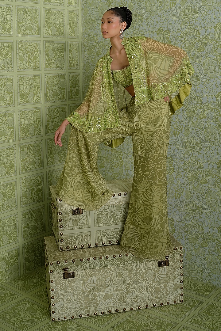 Green Georgette Embroidered Cape Set by Mishru at Pernia's Pop Up Shop