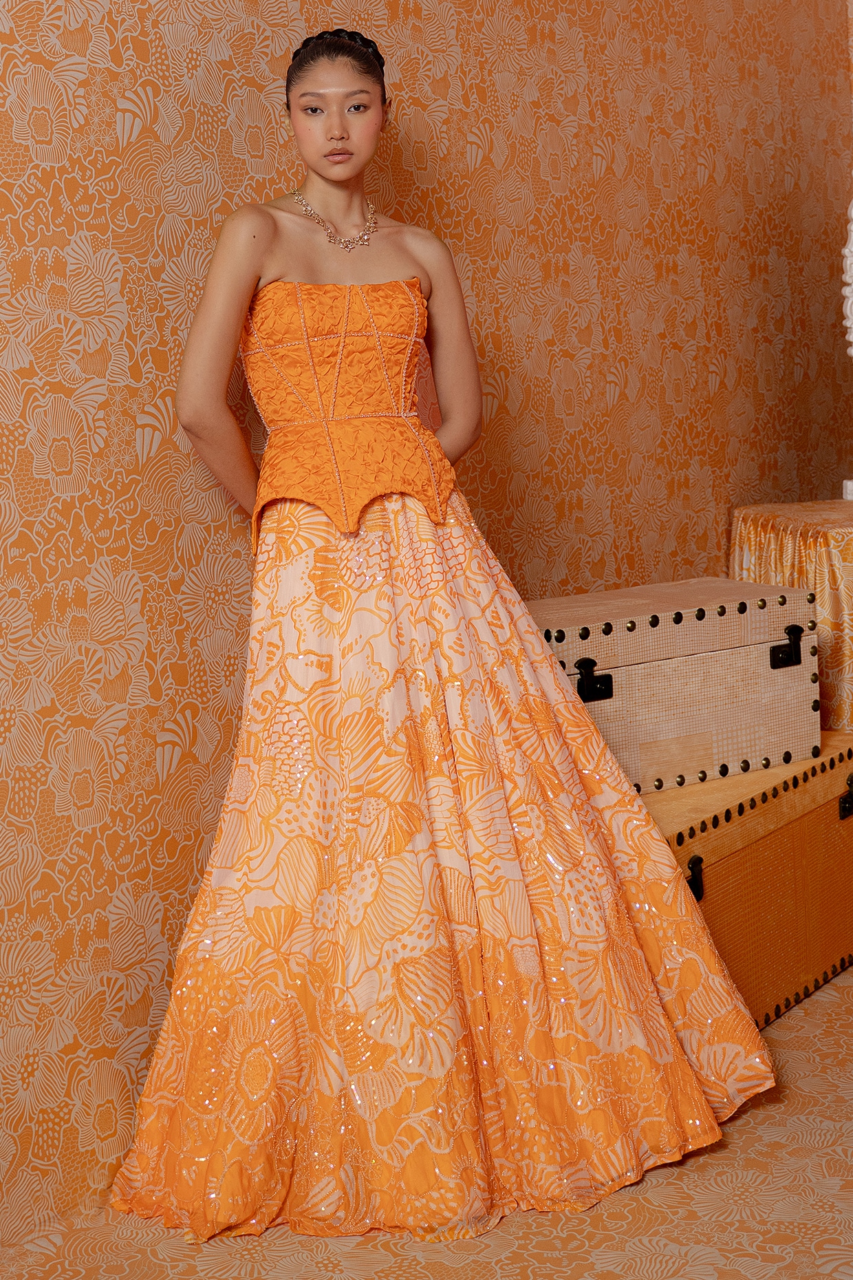 Mishru Tangerine Satin Organza Embellished Skirt Set