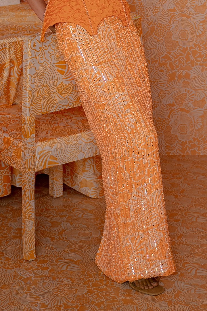 Tangerine Satin Organza & Habutai Silk Embroidered Skirt Set by Mishru at Pernia's Pop Up Shop