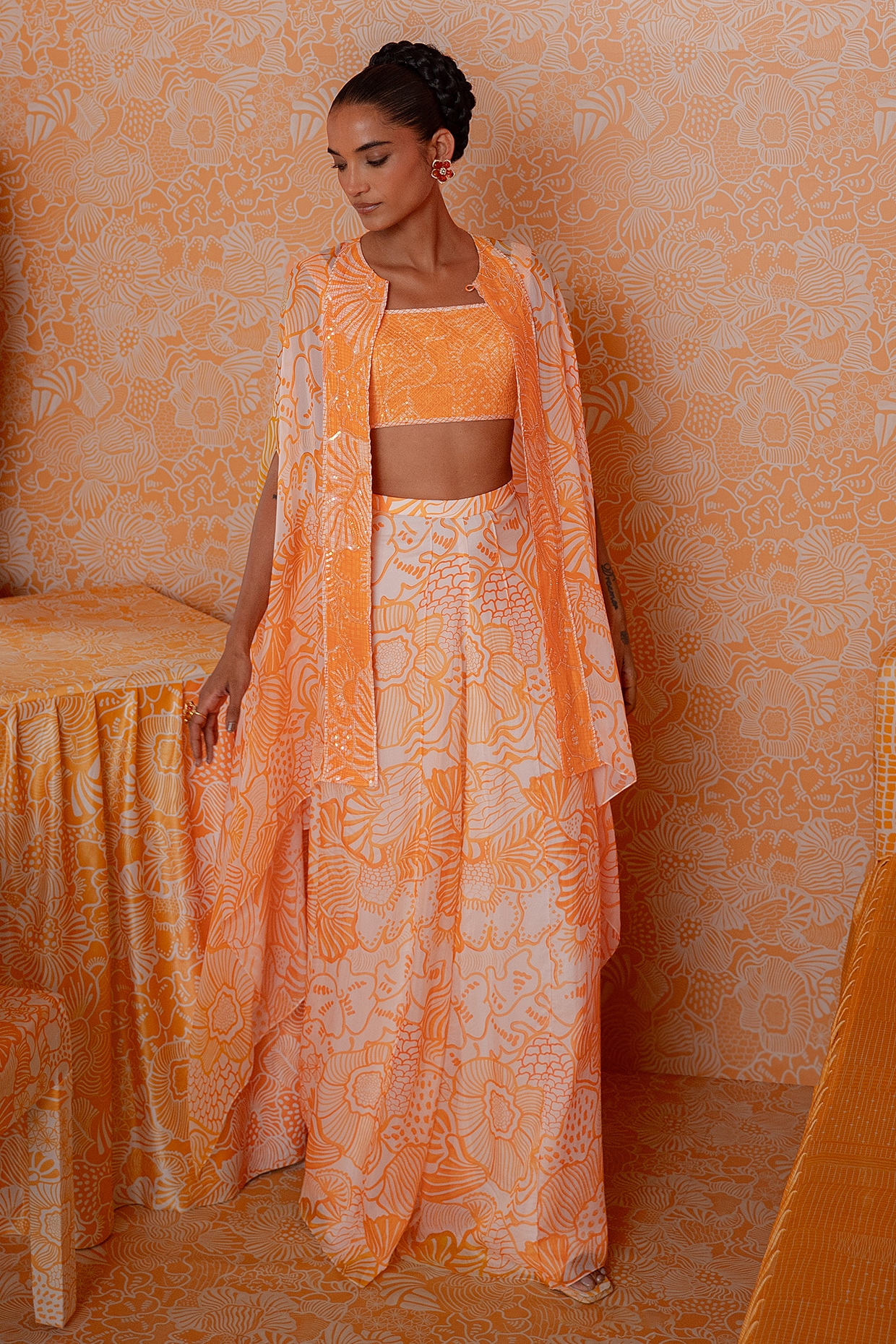 Mishru Tangerine Organza Printed Embellished Cape Set
