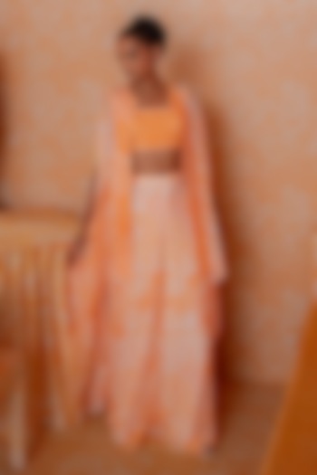 Tangerine Organza Printed Embellished Cape Set by Mishru at Pernia's Pop Up Shop